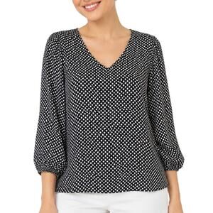 Como Black Crepe Blouse Black White Polka Dot V-Neck Women Medium NWT